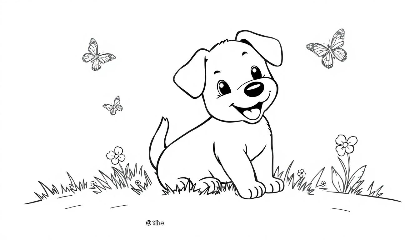 Kleurplaat van een vrolijke puppy die op gras zit, omringd door vlinders en bloemen.