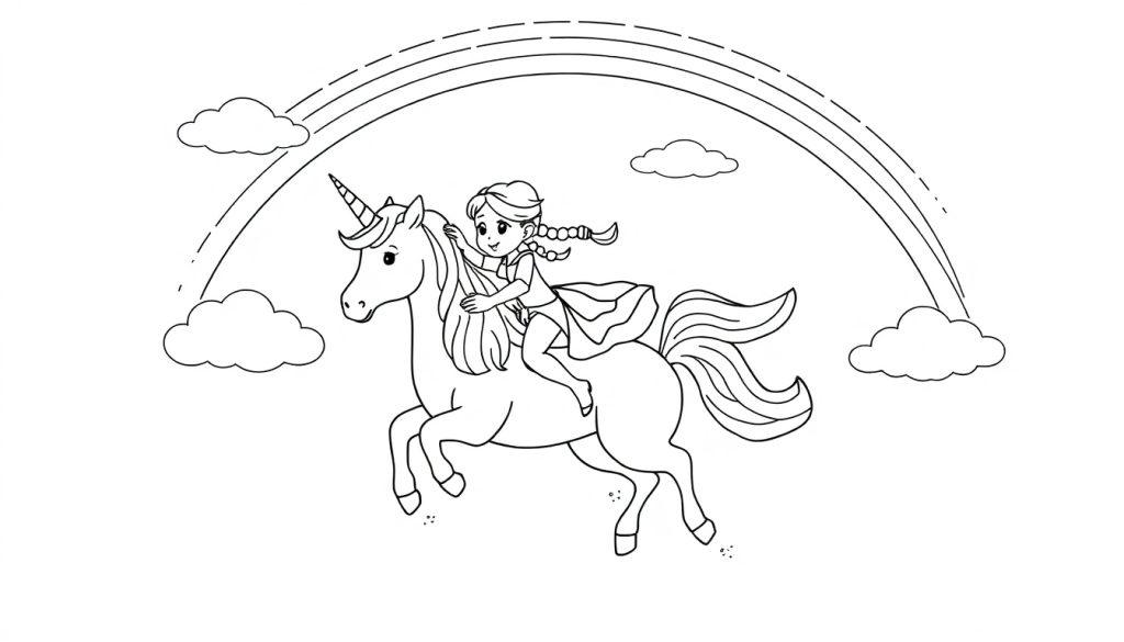 Kleurplaat van een meisje met vlechtjes die op een eenhoorn vliegt, omringd door regenbogen en wolken.