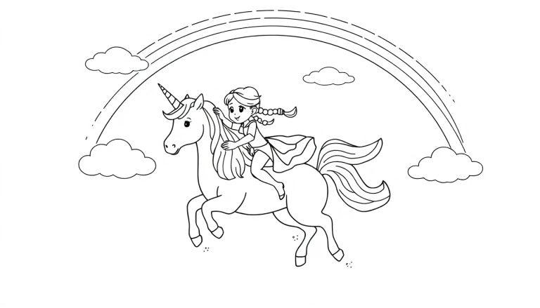 Kleurplaat van een meisje met vlechtjes die op een eenhoorn vliegt, omringd door regenbogen en wolken.