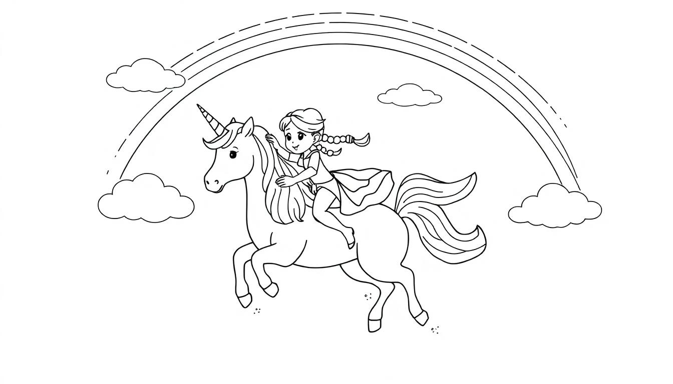 Kleurplaat van een meisje met vlechtjes die op een eenhoorn vliegt, omringd door regenbogen en wolken.