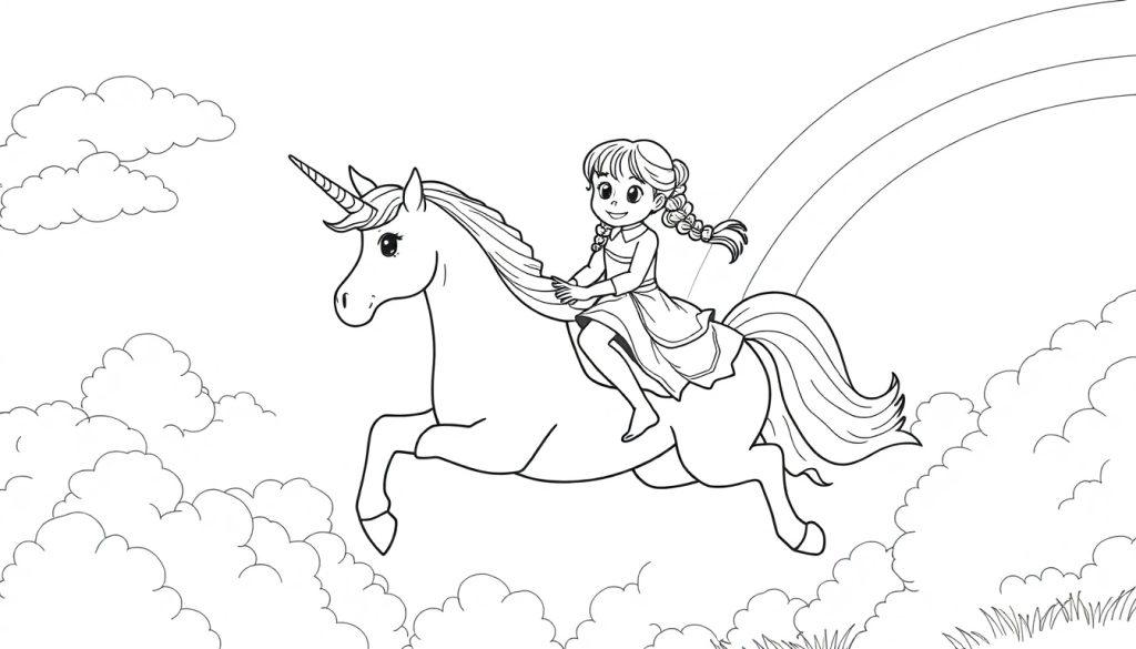 Kleurplaat van een meisje met vlechten dat op een vliegende eenhoorn door de lucht vliegt tussen regenbogen.