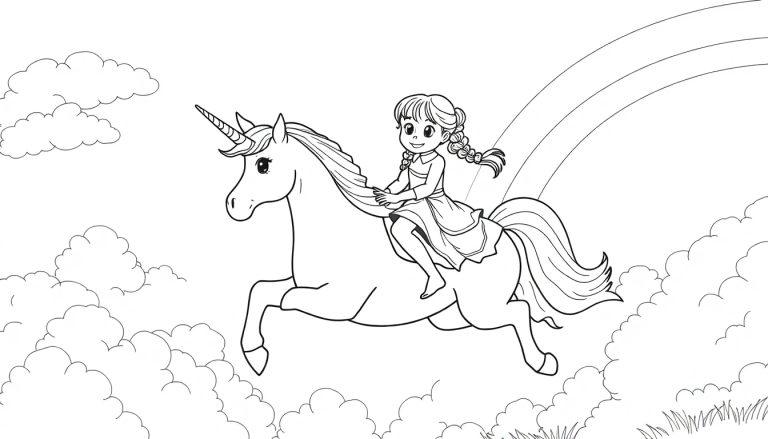 Kleurplaat van een meisje met vlechten dat op een vliegende eenhoorn door de lucht vliegt tussen regenbogen.