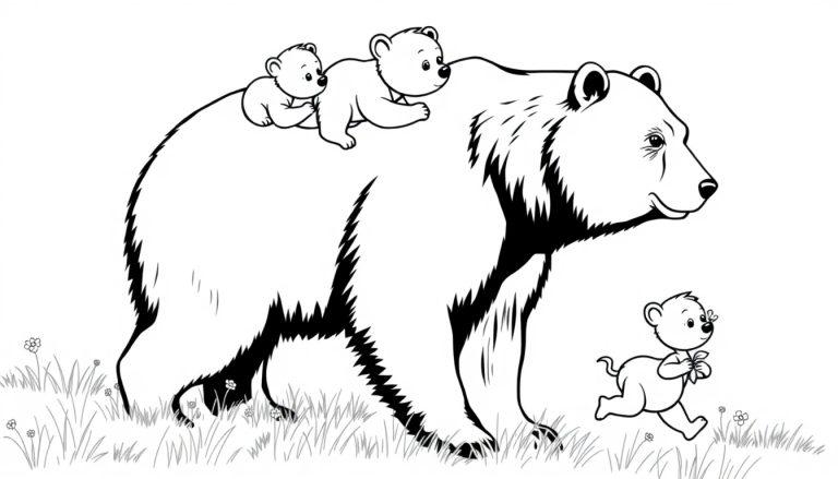 Zwart-wit tekening van een lieve mama beer met drie speelse berenwelpen in een grasveld vol bloemen.