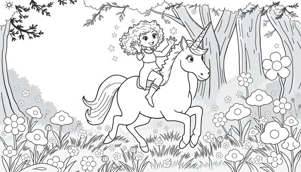 Kleurplaat van een meisje met krullend haar dat op een eenhoorn rijdt door een betoverend bos vol bloemen.