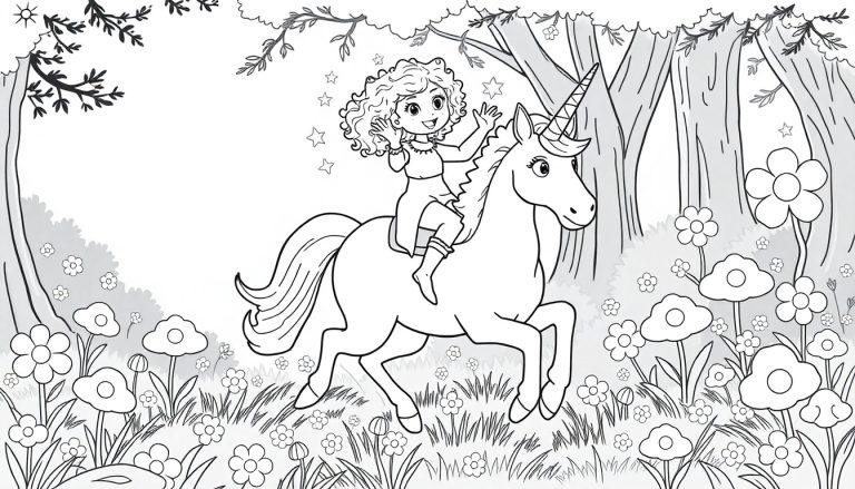 Kleurplaat van een meisje met krullend haar dat op een eenhoorn rijdt door een betoverend bos vol bloemen.