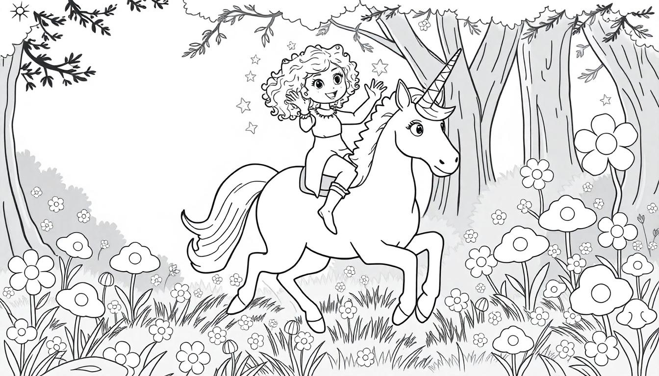 Kleurplaat van een meisje met krullend haar dat op een eenhoorn rijdt door een betoverend bos vol bloemen.