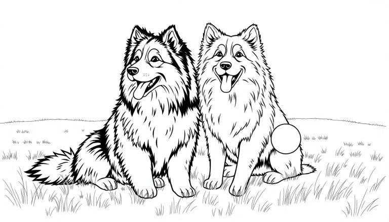 Een kleurplaat van twee speelse lachende honden met pluizige vachten die naast elkaar zitten op het gras. Eén hond heeft donkere vlekken en de ander ligt naast een speelbal.