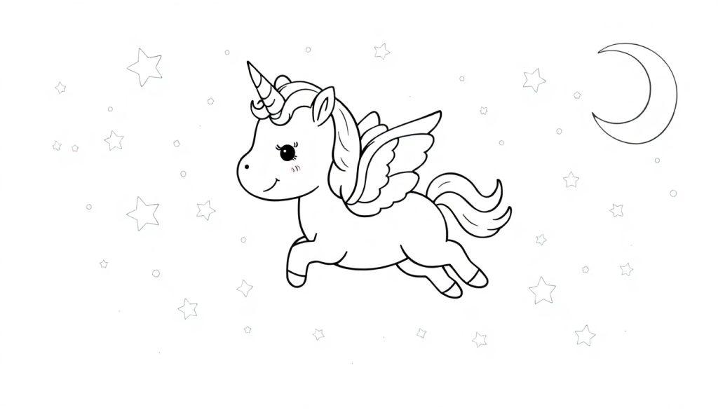 Kleurplaat van een vrolijke eenhoorn met vleugels, zwevend tussen sterren en een halve maan.