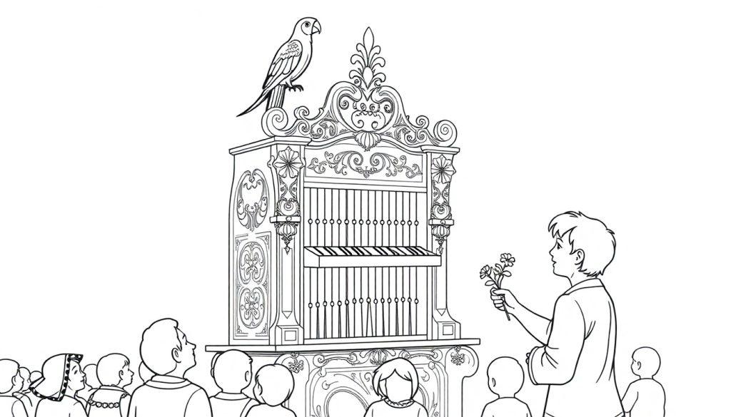 Kleurplaat van een draaiorgel met sierlijke versieringen, een papegaai bovenop en een groep mensen eromheen.
