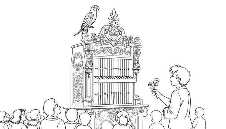 Kleurplaat van een draaiorgel met sierlijke versieringen, een papegaai bovenop en een groep mensen eromheen.