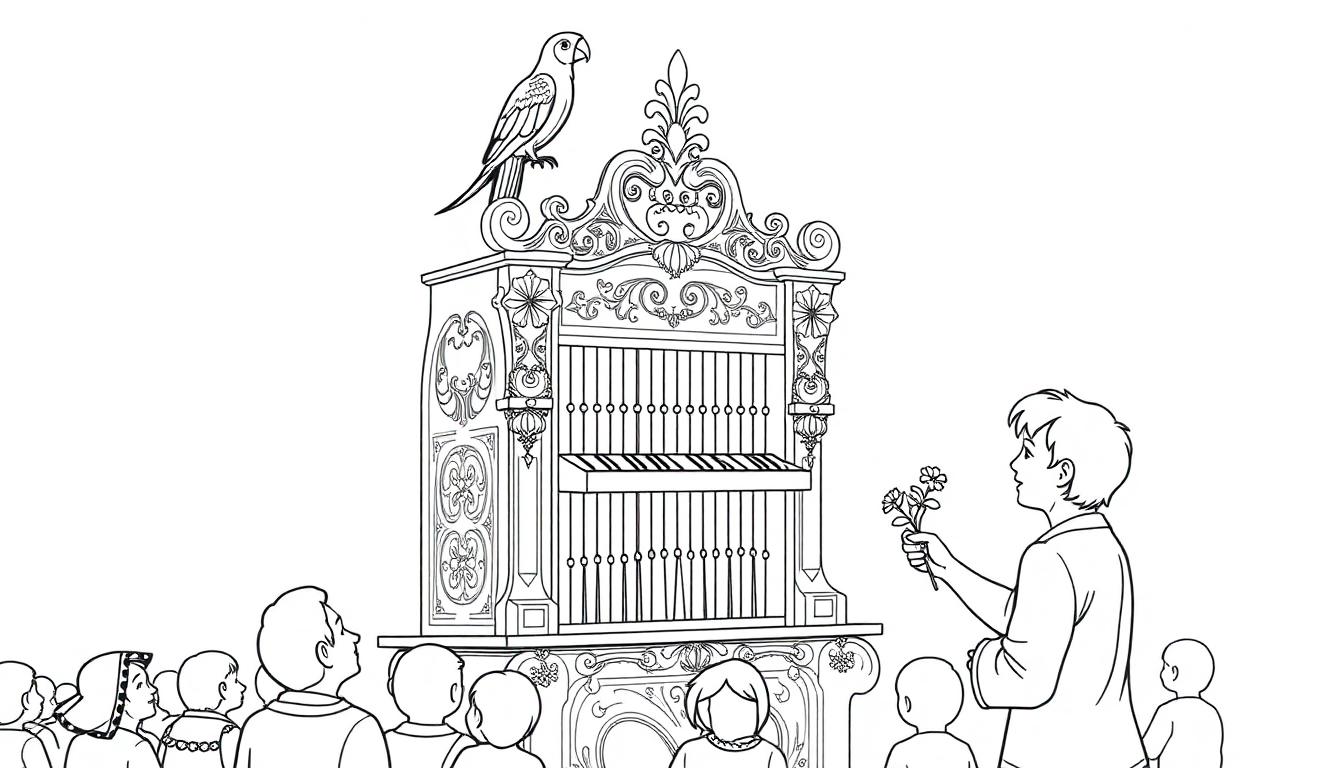 Kleurplaat van een draaiorgel met sierlijke versieringen, een papegaai bovenop en een groep mensen eromheen.