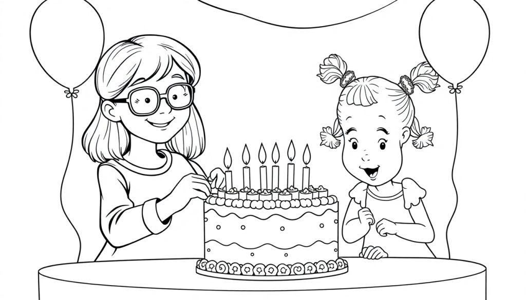 Kleurplaat waarop twee kinderen feest vieren met een taart, ballonnen en slingers.