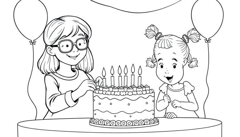 Kleurplaat waarop twee kinderen feest vieren met een taart, ballonnen en slingers.