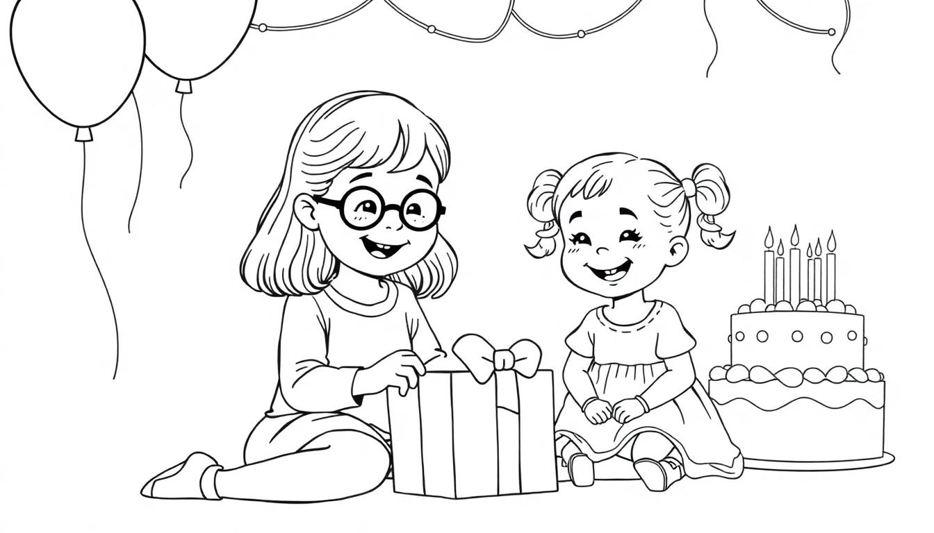 Vrolijke tekening: een 10-jarig meisje met bril opent een cadeau van een 3-jarig meisje met staartjes. Taart, slingers en ballonnen maken het feest compleet.