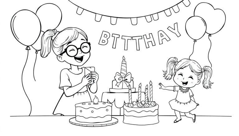 Een vrolijke kleurplaat van een 10-jarig meisje met een bril dat een cadeau ontvangt van een meisje met twee staartjes. Op de achtergrond slingers, ballonnen en een tafel vol taart.