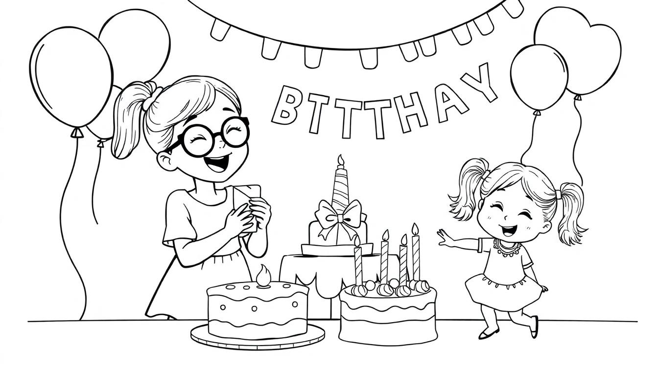 Een vrolijke kleurplaat van een 10-jarig meisje met een bril dat een cadeau ontvangt van een meisje met twee staartjes. Op de achtergrond slingers, ballonnen en een tafel vol taart.