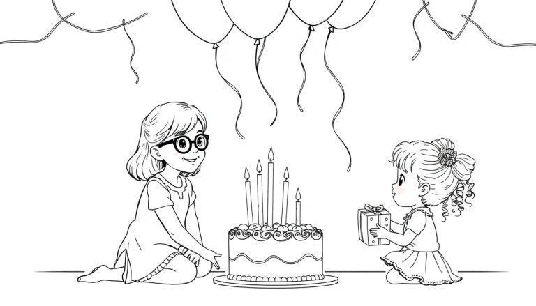 Kleurplaat met een vrolijke verjaardag: twee kinderen, een taart met kaarsjes, ballonnen en cadeautjes.