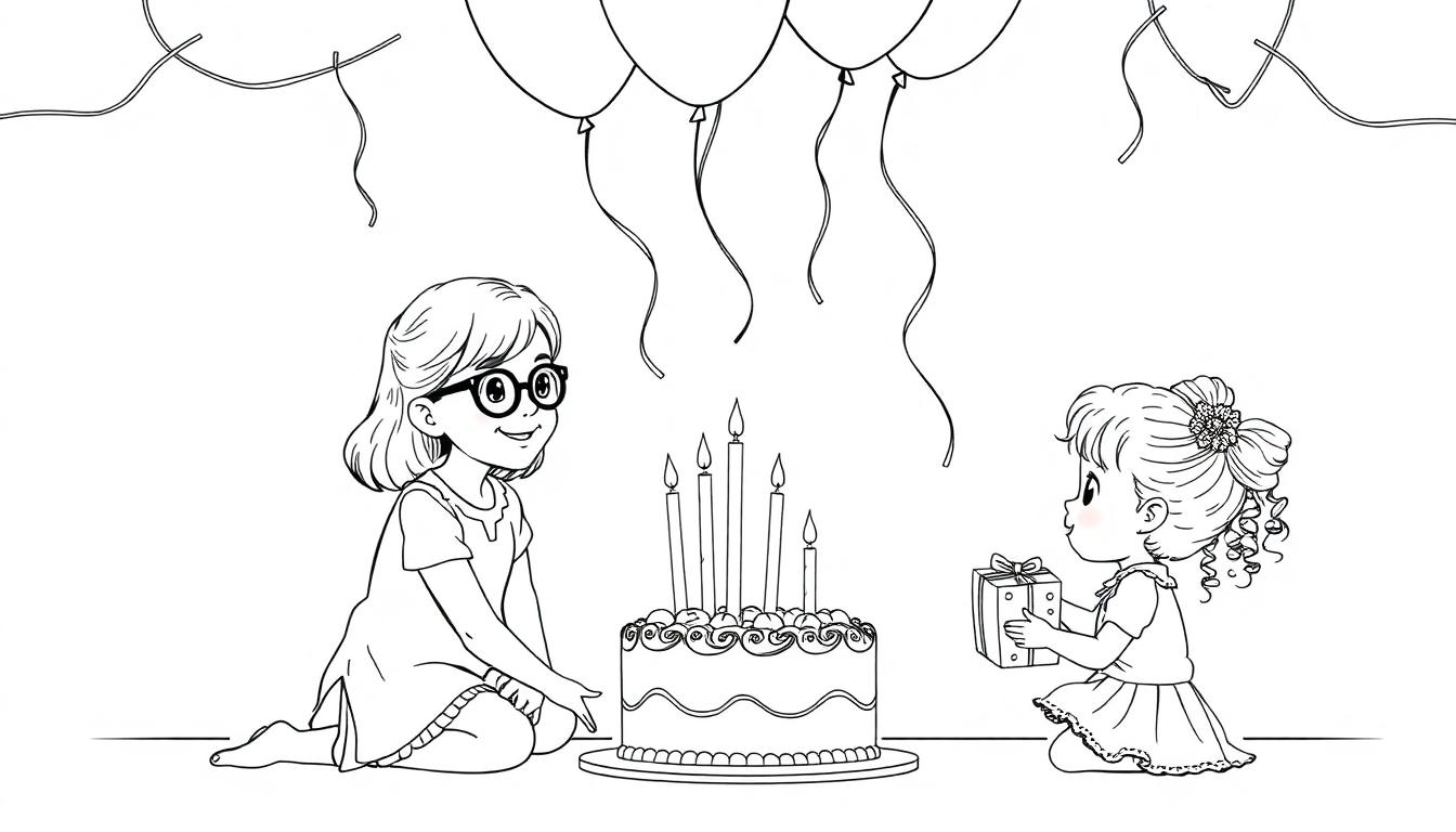 Kleurplaat met een vrolijke verjaardag: twee kinderen, een taart met kaarsjes, ballonnen en cadeautjes.