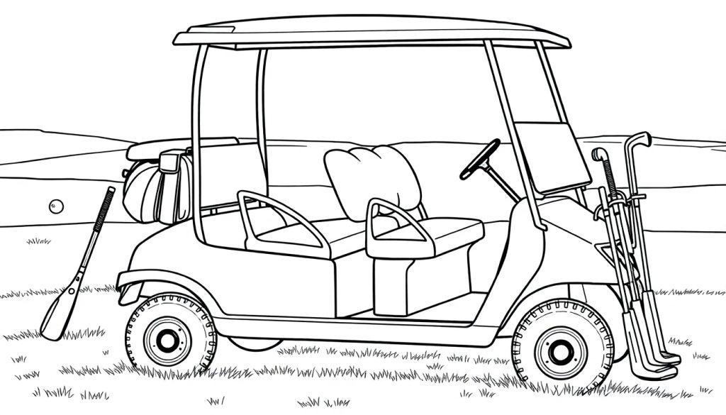 Kleurplaat van een golfkarretje met dak, stoelen en golfclubs op een golfbaan