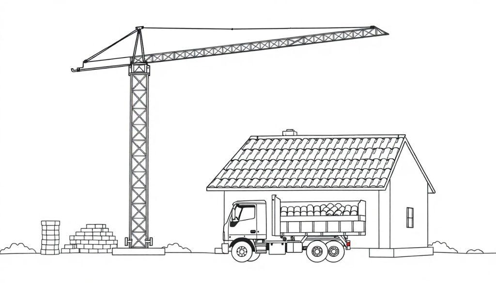 Kleurplaat van een kraan die dakpannen hijst bij een huis met een vrachtwagen vol bouwmaterialen.