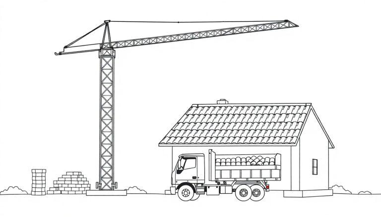 Kleurplaat van een kraan die dakpannen hijst bij een huis met een vrachtwagen vol bouwmaterialen.
