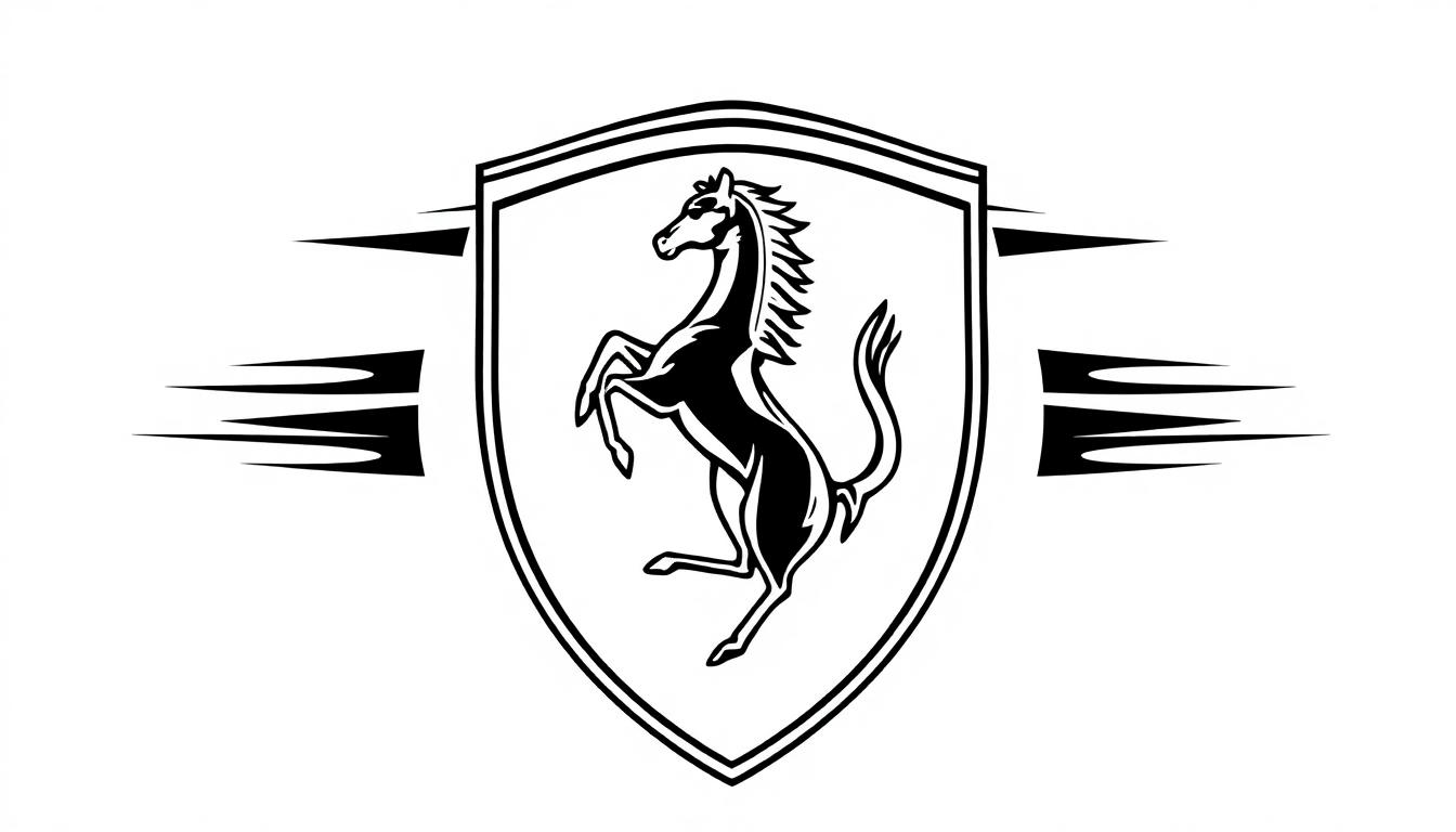 Kleurplaat van een steigerend paard in een schildvorm, met strepen die snelheid en beweging laten zien.