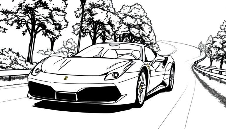 Kleurplaat van een Ferrari sportauto op een bochtige weg, omringd door bomen.