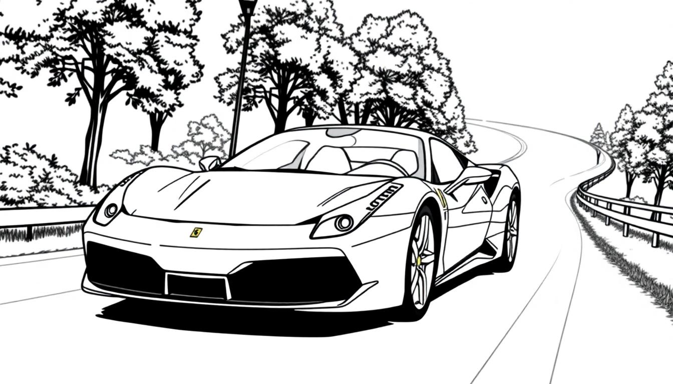 Kleurplaat van een Ferrari sportauto op een bochtige weg, omringd door bomen.