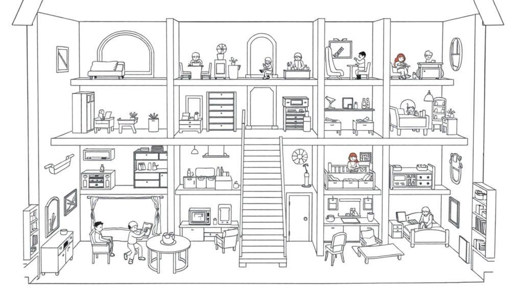 Een zwart-wit kleurplaat van een huis als poppenhuis met verschillende verdiepingen en mensen die dagelijkse dingen doen.