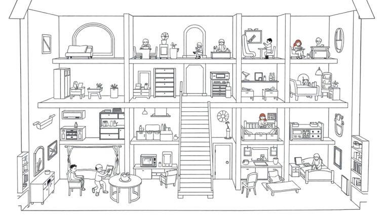 Een zwart-wit kleurplaat van een huis als poppenhuis met verschillende verdiepingen en mensen die dagelijkse dingen doen.