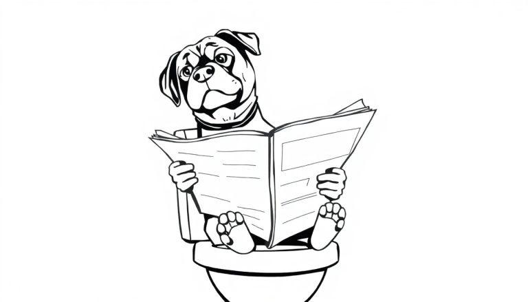 Een grappige kleurplaat van een Rottweiler die op het toilet zit en een krant leest.