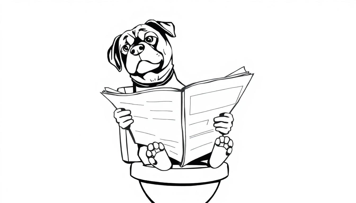 Een grappige kleurplaat van een Rottweiler die op het toilet zit en een krant leest.