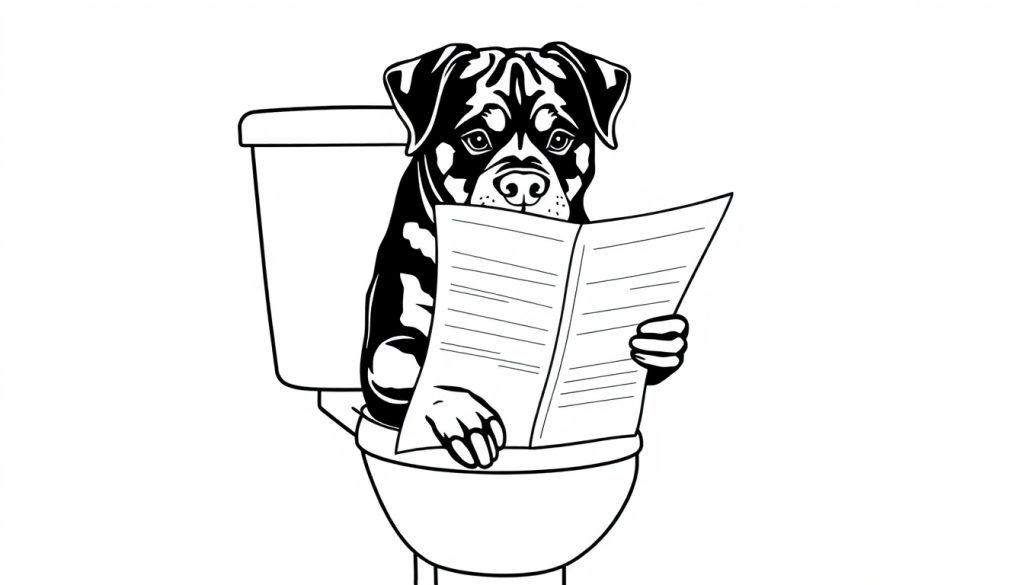 Kleurplaat van een rottweiler op het toilet die een krant leest.