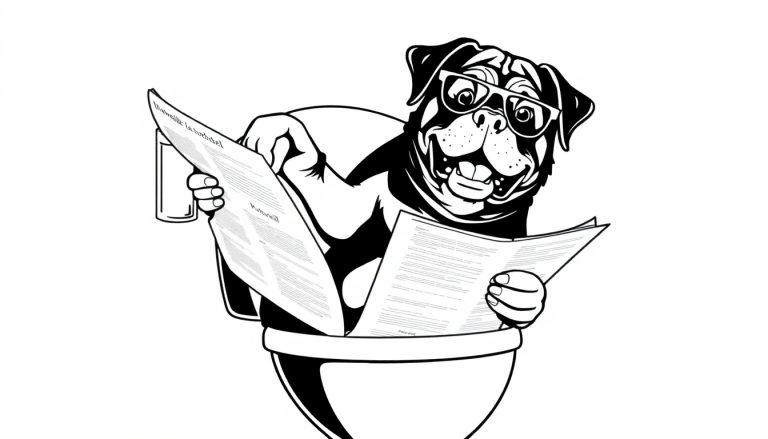 Kleurplaat van een rottweiler die op de wc zit en een krant leest, terwijl hij een glas bier vasthoudt.