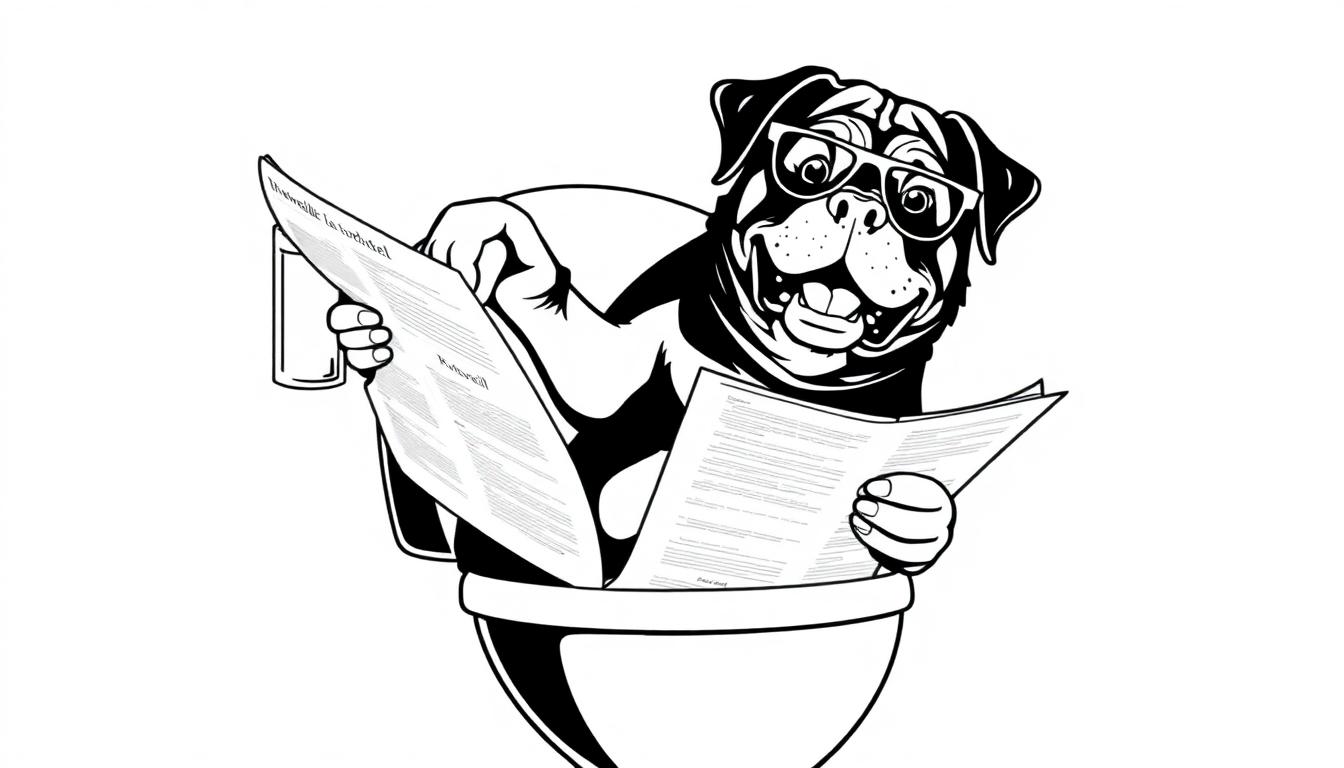 Kleurplaat van een rottweiler die op de wc zit en een krant leest, terwijl hij een glas bier vasthoudt.