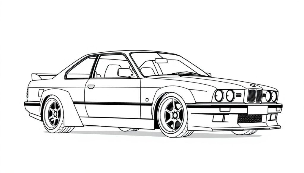 Kleurplaat van een klassieke sportieve BMW E9 widebody in zijaanzicht met retro-ontwerp.