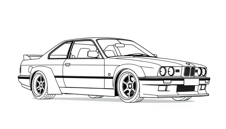 Kleurplaat van een klassieke sportieve BMW E9 widebody in zijaanzicht met retro-ontwerp.