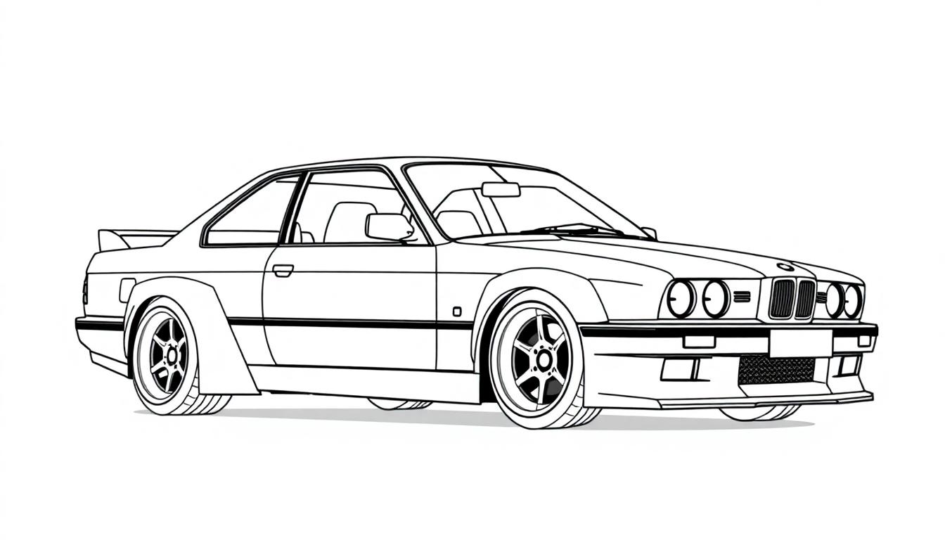Kleurplaat van een klassieke sportieve BMW E9 widebody in zijaanzicht met retro-ontwerp.