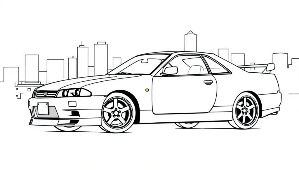 Kleurplaat van een Nissan Skyline R34 sportauto met een stadslandschap op de achtergrond.