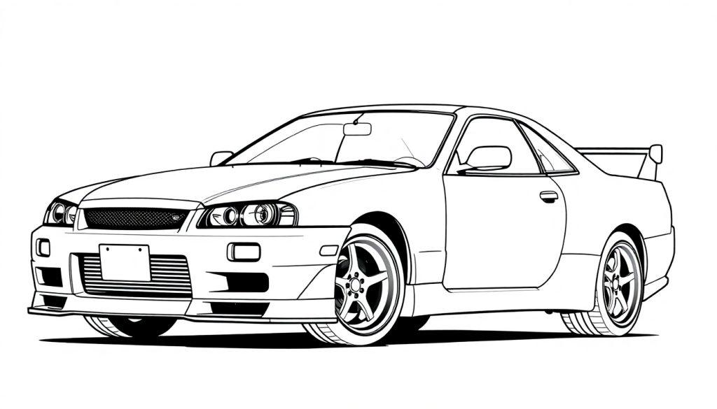 Zwart-wit kleurplaat van een Nissan Skyline R34, een coole sportauto met spoiler en gestroomlijnd ontwerp.