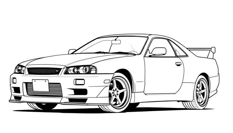 Zwart-wit kleurplaat van een Nissan Skyline R34, een coole sportauto met spoiler en gestroomlijnd ontwerp.