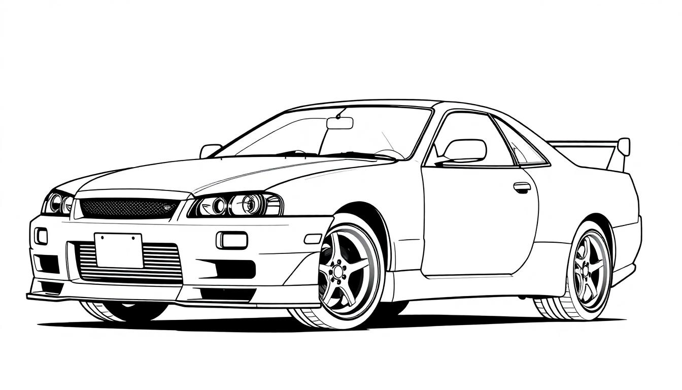 Zwart-wit kleurplaat van een Nissan Skyline R34, een coole sportauto met spoiler en gestroomlijnd ontwerp.