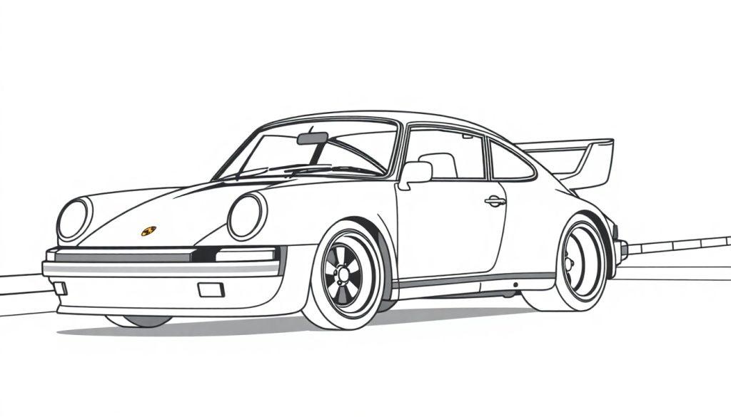 Lijntekening van een Porsche 911 met een grote achterspoiler, getekend als een zwart-wit kleurplaat.