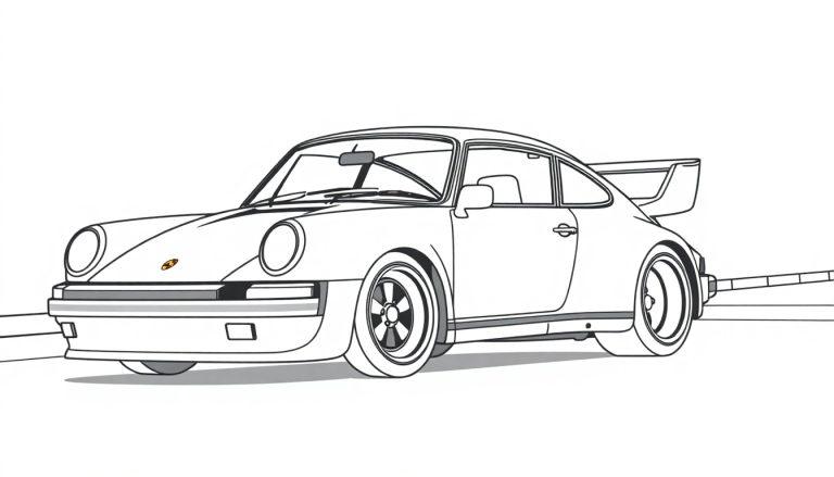 Lijntekening van een Porsche 911 met een grote achterspoiler, getekend als een zwart-wit kleurplaat.