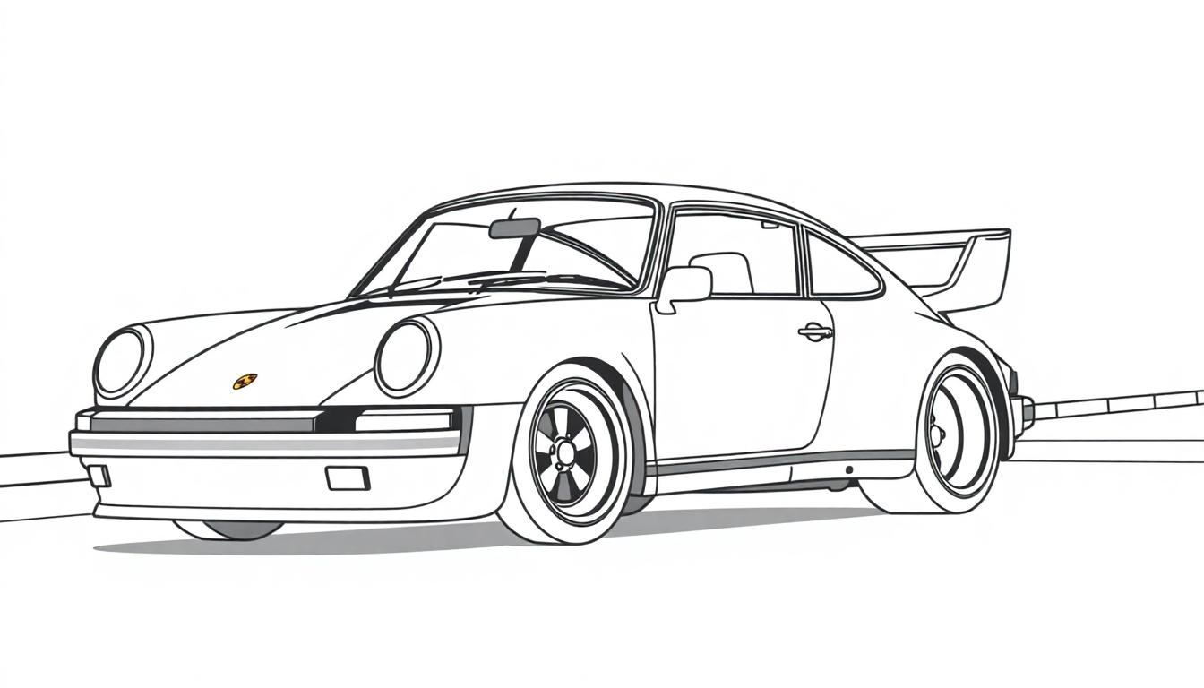 Lijntekening van een Porsche 911 met een grote achterspoiler, getekend als een zwart-wit kleurplaat.