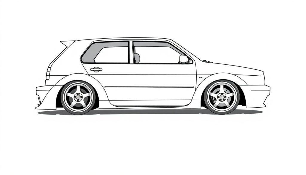 Zwart-witte kleurplaat van een sportieve Volkswagen Golf MK3 met brede wielkasten en een spoiler.