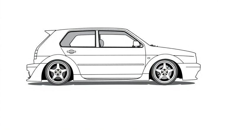 Zwart-witte kleurplaat van een sportieve Volkswagen Golf MK3 met brede wielkasten en een spoiler.