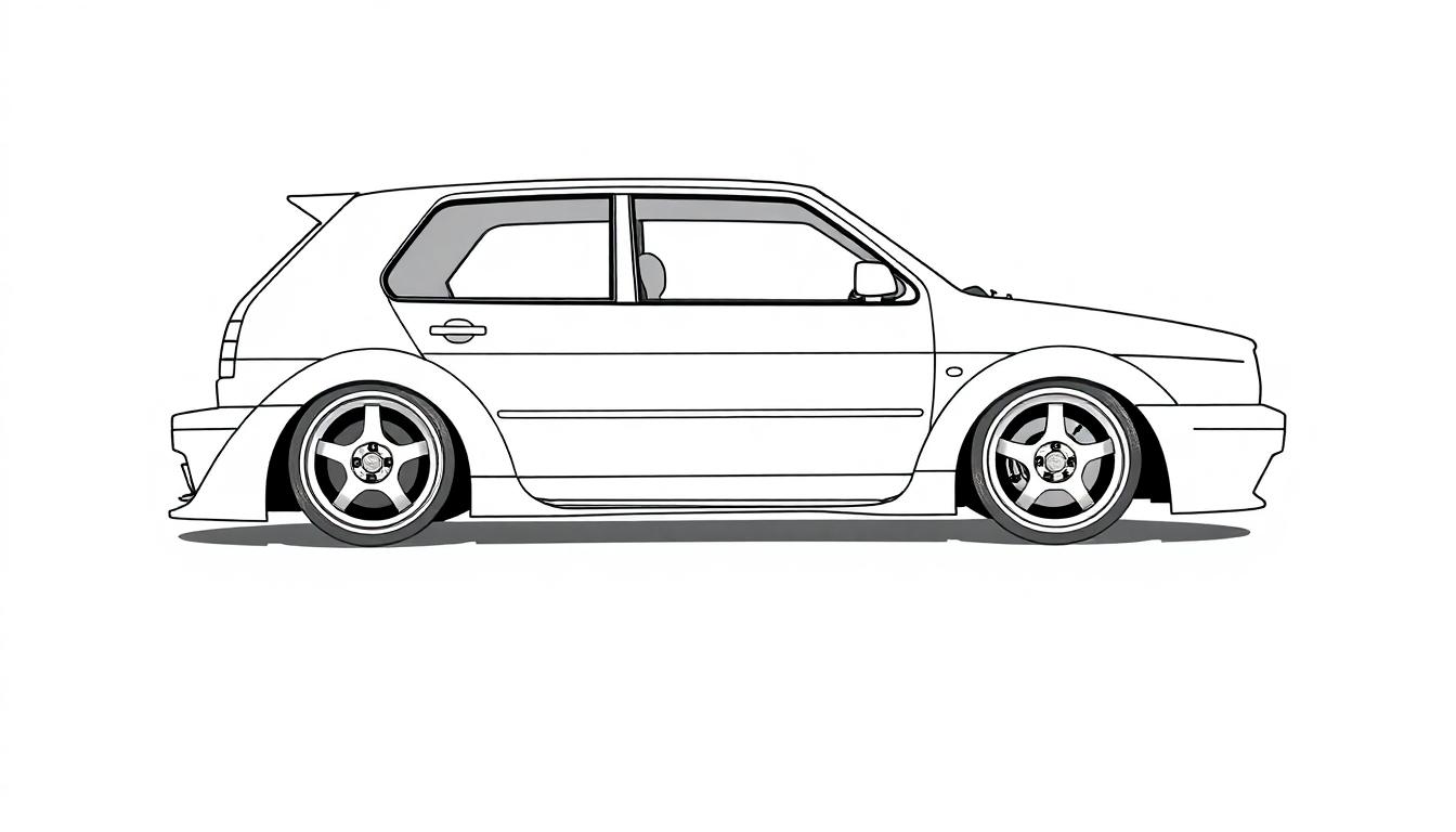 Zwart-witte kleurplaat van een sportieve Volkswagen Golf MK3 met brede wielkasten en een spoiler.