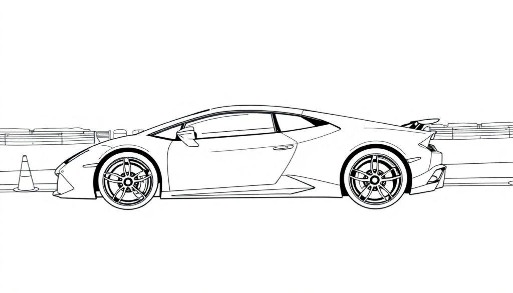 Zwart-witte kleurplaat van een Lamborghini Huracan Performante gezien van de zijkant, met een strakke vorm, lage bouw en een achterspoiler.