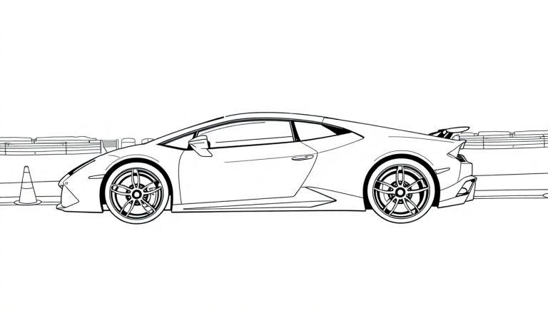 Zwart-witte kleurplaat van een Lamborghini Huracan Performante gezien van de zijkant, met een strakke vorm, lage bouw en een achterspoiler.